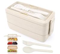 Boîte à lunch 3 couches, boîte à bento 4 en 1 avec fourchette et cuillère, boîte de rangement alimentaire de 1000 ml pour hommes, femmes, étudiants, passe au lave-vaisselle au micro-ondes (Beige)