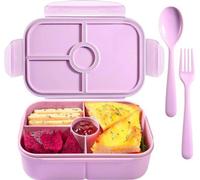 Boîte à lunch à quatre compartiments, adaptée au micro-ondes et au réfrigérateur, comprenant un set de couverts en verre rose.