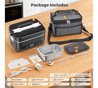 Boîte à lunch chauffante portable - Boîte à repas électrique sans fil - Chauffage rapide de 100/80/60 W - Grande capacité de 1 à 1,2 litre - 4 modes de chauffage - Minuterie - Batterie de 12000 mAh -