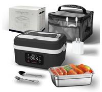 Boîte à lunch électrique portable - Réchauffeur de nourriture rechargeable - 1 litre - Contenant intérieur en acier inoxydable - Noir et blanc
