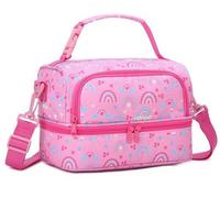 Boîte à lunch isotherme pour filles et garçons, légère, à deux compartiments, avec une sangle amovible, motif arc-en-ciel rose, idéale pour la maternelle, l'école, les pique-niques et la plage.