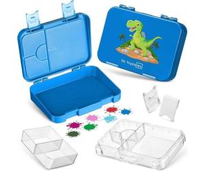 Boîte à lunch pour enfants à 6 compartiments ; boîte T-Rex bleue et résistante, idéale pour l'école et la garderie