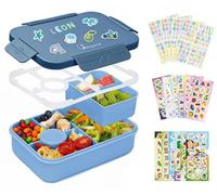 Boîte à lunch pour enfants avec 16 autocollants, 1 300 ml, boîte à bento étanche avec set de couverts, pour filles et garçons, bleu foncé