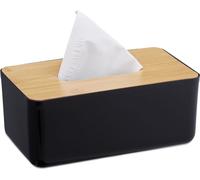 Boîte à mouchoirs 10 compartiments, rechargeable, pour salle de bains, couvercle en bambou, plastique, dimensions : 10 x 23 x 13 cm, noir/naturel