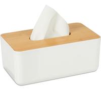 Boîte à mouchoirs 10 pièces avec couvercle en bambou, pour la salle de bain, design moderne, plastique, boîte à mouchoirs, HBT 10 x 23 x 13 cm, blanc/naturel