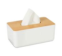 Boîte à mouchoirs, Lot de 4, Distributeur lingettes Salle de Bains, Plastique, Bambou, HLP 10 x 23 x 13 cm, Blanc/Nature