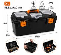 Boîte à outils - Boîte de rangement XL - Lot de 3 - Plastique ABS - Résistant à la rouille - Coque intérieure supérieure et amovible - Poignée renforcée - Noir/Orange