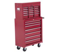 Boîte à outils Moonbite sur roulettes, chariot d'atelier avec 16 tiroirs et serrure, 4 roulettes, robuste et mobile, dimensions : 61,5 × 33 × 113 cm, en acier, de couleur rouge