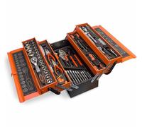 Boîte à outils professionnelle en métal avec 85 pièces, ensemble d'outils complet avec clés à douille, cliquet, pinces et tournevis, orange et noir