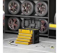 Boîte à outils vide à 4 tiroirs, en acier, avec plateau supérieur et 2 mini-boîtes, jaune | 49,7 x 25,3 x 40,7 cm | jusqu'à 30 kg | glissières à roulements à billes