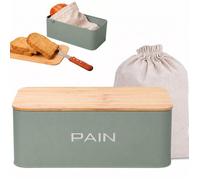 Boîte à pain KOOK TIME - Métal couvercle bambou planche à découper sac coton inclus - 34 x 19 x 12 5 cm - Vert sauge mat