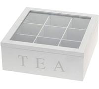 Boite à thé Blanche en Bois avec 9 compartiments pour ranger vos sachets de Thé.Couvercle avec vitre en Verre.