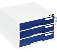 Boîte à tiroirs A4 verrouillable avec serrure, en plastique, 3 compartiments, couleur : blanc/bleu