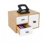 Boîte à tiroirs Relaxdays en Bambou et MDF, 3 tiroirs, H x L x P : 15 x 25 x 20 cm, Organiseur de Bureau, Nature/Blanc