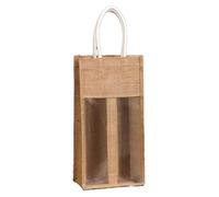 Boîte à vin double avec fenêtre - Petit sac cadeau en jute, couleur marron