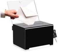 Boîte acrylique verrouillable Unyqoos® pour dons et cartes de visite, noire, avec serrure et 2 clés, incluant 1 clip pour logo de format 4x6, dimensions : 10x16x11 cm