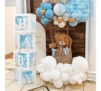 Boite Baby Shower Decoration Garçon, 4 Cube Baby Boite a Ballon Avec 4 Guirlandes Lumineuses 33 Lettres et Bleu Blanc Ballons pour Baby Shower, Gender Reveal Party Decoration, Bapteme, Anniversaire