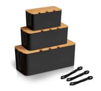 Boîte Cache Câble 3 Pièces, Boîte Multiprise Noire avec Couvercle Bambou | Cache multiprise avec couvercle en bambou, pour ranger câbles, chargeurs et prises, idéal au bureau, salon et maison