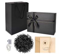 Boîte Cadeau avec Couvercle 28 x 20 x 8 cm, Coffret Cadeau Grand avec Noeud Carte de Voeux Raphia et Lumière, Coffret Cadeau pour Saint-Valentin Anniversaires Vacances Noël Thanksgiving(Noir)