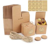 Boite Cadeau Kraft Vide Boites Cadeaux 50 Pcs Boite Carré + Corde de Chanvre + Étiqueter Reutilisable Carton Cadeau Emballage Coffret Box pour Anniversaire Mariages Fêtes Dragées (7x7x7cm)