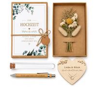 Boîte Cadeau Mariage pour Billets, Cadeau de Mariage pour Couple avec Fleurs Séchées, Tube, Cœur en Bois, Stylo, Carte Décorative et Ficelle de Jute