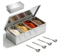 Boîte D'assaisonnement En Acier Inoxydable,4 Grilles Récipient De Stockage De Condiments Avec Cuillère,Conteneurs De Stockage De Condiments Pour Buffets,Cuisine,Traiteur,Argent,30×14 8cm,450ML