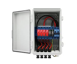 Boîte de combinaison solaire, combineur PV à 4 cordes avec fusible 15 A, disjoncteur 63 A, parafoudre et connecteur solaire pour systèmes de réseau marche/arrêt, étanchéité IP65