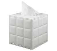 Boîte de mouchoirs en cuir, forme carrée, blanche, avec motif en losanges blancs, dimensions : 14,6 x 13,3 x 13,3 cm