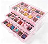 Boîte de présentation Dmnnlp pour roches, 3 tiroirs avec 54 cases pour collection de roches, boîtiers de rangement pour gemmes, fossiles, cristaux, pierres et bijoux (Rose)