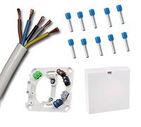 Boîte de raccordement avec câble de raccordement de 2 m blanc H05VV-F 5G2,5 mm2 (2 m) et bornes de raccordement colorées compatibles avec les câbles et 10 embouts assortis (câble de base 3,30 €/m).