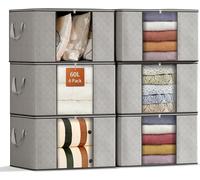 Boîte de rangement avec couvercle, 6 pièces, 60L, Gris, Fenêtre transparente, Poignées renforcées