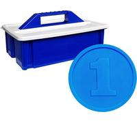 Boîte de rangement avec jetons pour buvette Ø29 mm - 2000 pièces chiffre 1 bleues
