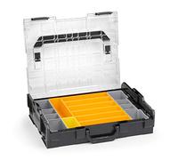 Boîte de rangement compartimentée L-BOXX 102 noire avec couvercle transparent et inserts F3 - Coffret empilable pour quincaillerie et vis, idéal pour professionnel
