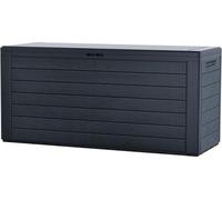 Boîte de rangement de jardin XL 280 l - Fabriqué en Europe - Avec poignées - Boîte de coussins en polypropylène - Boîte de rangement d'extérieur robuste - Style bois - Boîte de rangement grise Boîte d