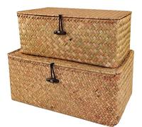 Boîte de rangement en jonc de mer, boîte de rangement décorative, boîte à cosmétiques avec couvercle, paniers de rangement naturels, pratiques, lot de 2