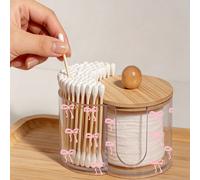 Boîte de rangement en plastique transparent avec couvercle en bambou, motif nœud rose mini 2-en-1, organisateur de cosmétiques de bureau avec double trous ronds, boîte de rangement de cosmétiques tran