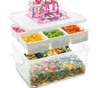 Boîte de rangement en plastique Unyqoos® de 16 litres, transparente – couvercle avec panneau de construction, 5 compartiments réglables, insert amovible, dimensions : 29,5 x 18,5 x 40,5 cm