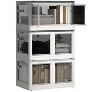 HOMCOM Boîtes de rangement pliables et empilables 69L en plastique, caisses rangement 3 cubes avec couvercle et 4 roulettes, accès à 5 côtés, pour jouets et livres, blanc
