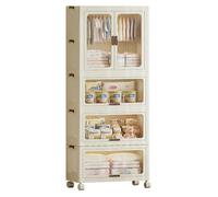 Boîte de rangement - Organisateur à tiroirs en plastique de 70 cm - Empilable - Pliable - Porte magnétique - Avec couvercle - Avec roulettes - Montage sans outils - Beige