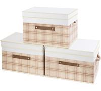 Boîte de rangement pliable avec couvercle, motif patchwork, en polyester/Oxford, couleur beige clair, lot de 3, dimensions : 38 x 25 x 25 cm