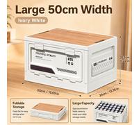 Boîte de rangement pour camping - Boîte de rangement pliable - Plastique PP - Ouverture latérale - Couvercle en bois - Polyvalente - Grande taille - Blanc ivoire