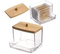 Boîte de Rangement pour Cotons-tiges Porte-Coton-Tige 1 pièce, Distributeur de Coton-Tige avec couvercles en Bois, Pots Rangement for Salle Bain, conteneurs Stockage Plastique Transparent(Color2)