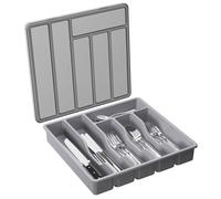 Boîte de rangement pour couverts avec couvercle, plateau à couverts, pour tiroir et plan de travail, 6 compartiments, grise