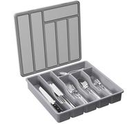 Boîte de rangement pour couverts avec couvercle, plateau à couverts, pour tiroir et plan de travail, 6 compartiments, grise