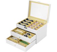 Boîte de rangement pour lunettes à 24 compartiments - Mallette de présentation - Boîte à tiroirs avec couvercle en verre - Organiseur pour bijoux et montres - Pour lunettes de vue et de soleil - Blanc