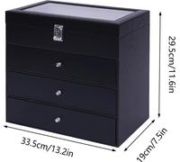 Boîte de rangement pour lunettes - Étui à lunettes de soleil avec serrure - 4 niveaux, 24 compartiments - Cuir PU, couvercle en verre - Boîte empilable - Noir