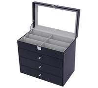 Boîte de rangement pour lunettes - Organiseur multifonctionnel - 4 niveaux, 24 compartiments - Couvercle en verre - Simili cuir - Pour lunettes de soleil, montres, bijoux - Noir