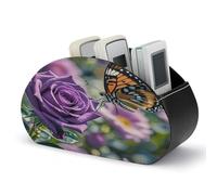Boîte de rangement pour télécommande TV multimédia avec 5 compartiments en cuir synthétique Motif rose violette avec beau papillon
