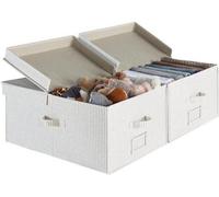 Boîte de rangement pour tissus Unyqoos® de 55 litres – pliable, avec séparateur et double couvercle, 3 poignées de transport (jusqu'à 13,6 kg), rayée gris et blanc