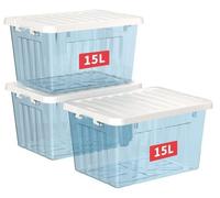 Boîte de rangement transparente Unyqoos® de 15 litres, empilable avec couvercle et fermeture sécurisée par clip, en polypropylène, avec des parois légèrement opaques